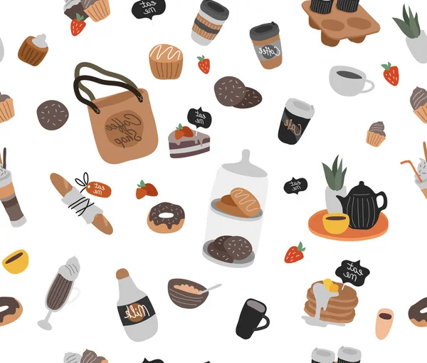 Vector seamless pattern with coffee shop hand drawn collection. Various coffee pots and cups, dessert sweets, pancakes. Vector — Stock Vector