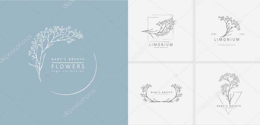 Limonium, babys breath logo set. Hand drawn wedding herb, plant and monogram with elegant leaves for invitation save the date card design. Botanical rustic trendy greenery vector collection