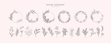 Çiçek dalı ve logo ya da dövme için minimalist yapraklar. El yapımı düğün otları, davetiye için zarif kır çiçekleri randevu kartınızı saklayın. Botanik kırsal trend yeşillik vektörü