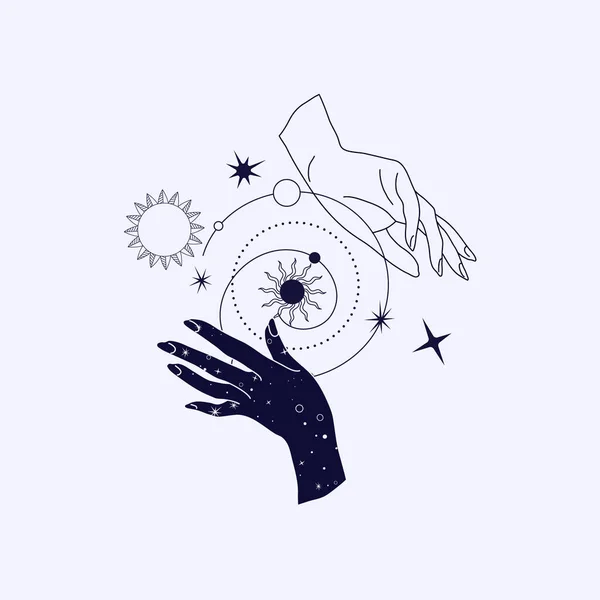 Πνευματικό Εσωτερικό Μαγικό Λογότυπο Φυλαχτό Γυναικεία Χέρια Σιλουέτα Αστέρια Ιερό — Διανυσματικό Αρχείο