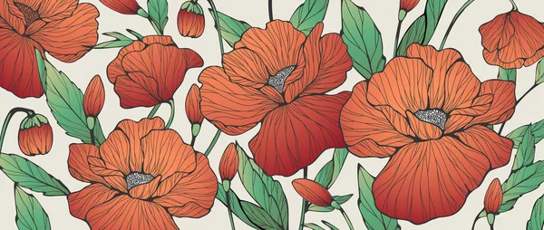 Luxuriöser Botanischer Hintergrund Mit Mohnblumen Für Wanddekoration Oder Hochzeit Handgezeichnetes — Stockvektor