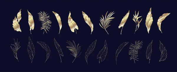 Set Golden Tropical Branch Palm Leaves Silhouette Line Style Hand — Stockvektor