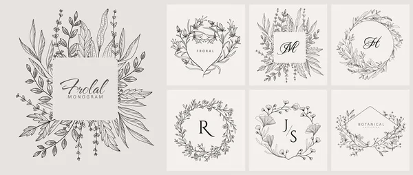 Sada svatebního monogramu, botanické květinové větve a logo. Ručně kreslená svatební bylina, domácí rostlina s elegantními listy. Botanický rustikální trendy zeleň vektor — Stockový vektor