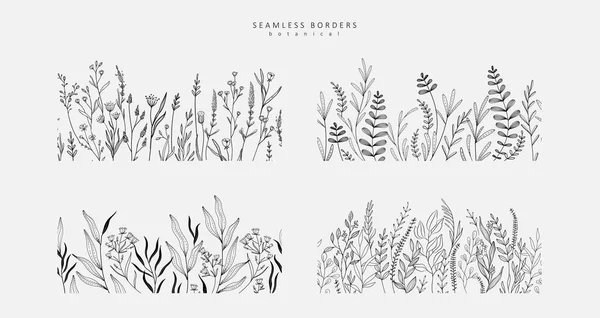 Luxuriöser botanischer Hintergrund mit trendigen Wildblumen und minimalistischen Blumen für Wanddekoration oder Hochzeit. Handgezeichnetes Linienkraut, elegante Einladungsblätter speichern die Datumskarte. Botanisch — Stockvektor