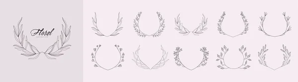 Set di ghirlanda decorazione floreale ed etichette rotonde. Ramo e fiori minimalisti. Linea disegnata a mano erba nuziale, foglie eleganti per l'invito salvare la scheda di data. Botanico rustico alla moda — Vettoriale Stock