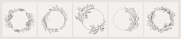 Set Wedding Monogramm Botanical Floral Branch Frames Hand Drawn Wedding — Stock Vector