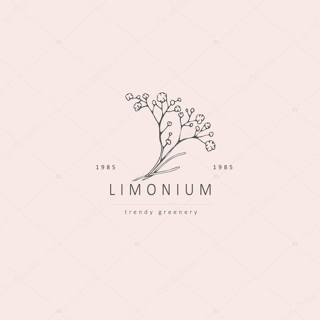 Minimal feminine floral monogram and logo. Hand drawn wedding herb, elegant leaves. Botanical rustic trendy greenery vector illustration