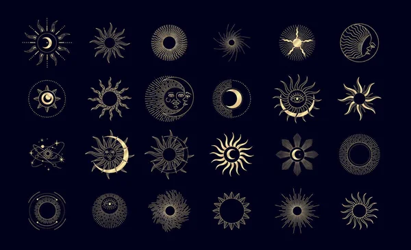 Set Sol Reventado Lineal Estilo Silueta Elementos Mágicos Esotéricos Místicos — Archivo Imágenes Vectoriales