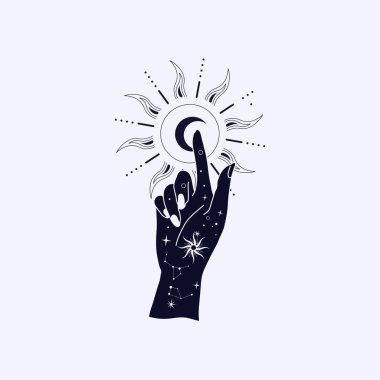 Ruhsal esrarengiz sihirli logo ya da kadın eli siluet şeklinde yıldızlı tılsım, kutsal geometri ayı ve güneş. Simyacı mistik bir obje logo kalıbı. Vektör İllüstrasyonu