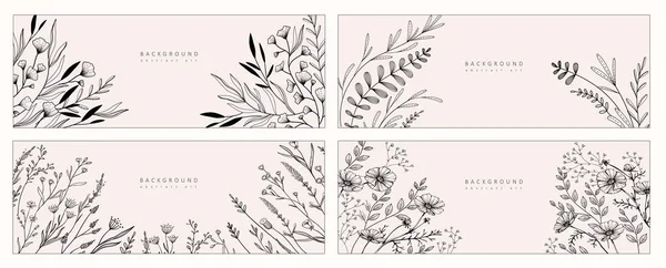 植物の背景 花の枝や葉のセット 結婚式の招待状 壁の芸術やカードテンプレートのためのヴィンテージの葉 最小限の線画 ベクターイラスト — ストックベクタ