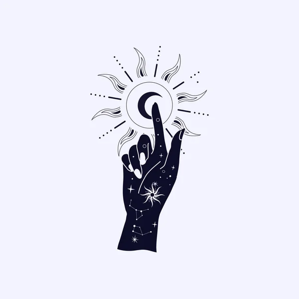 Spiritual Esoteric Magic Logo Talisman Woman Hands Silhouette Style Stars — Stock Vector