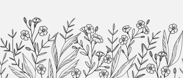 Fondo Botánico Sin Costuras Borde Con Vegetación Moda Flores Minimalistas — Vector de stock