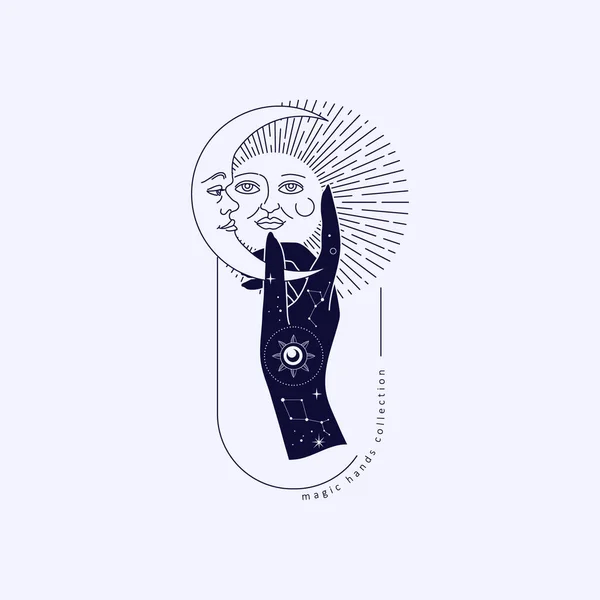 Spirituelle Esoterische Magie Logo Oder Talisman Mit Frauenhänden Silhouette Stil — Stockvektor