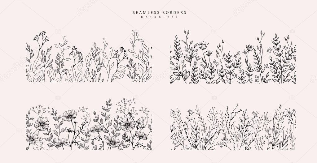 Seamless botanical background or border with trendy greenery and minimalist flowers. Vintage foliage with various leaves. For wedding invitation, wall art or card. Minimal line art vector