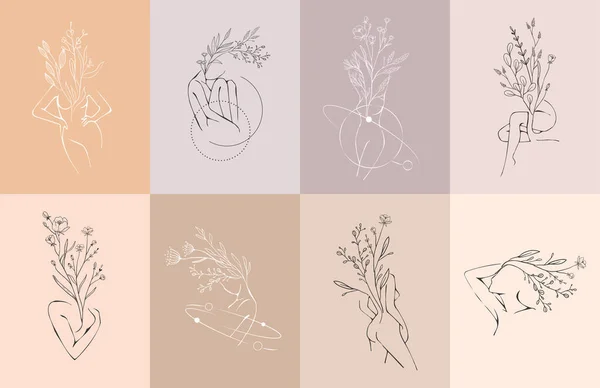 Concept Art Beauté Des Fleurs Elégante Femme Linéaire Avec Branche — Image vectorielle