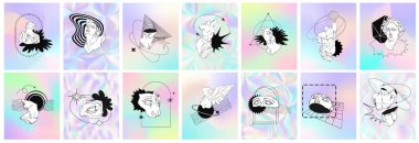 Antika heykeller ve geometrik formlara sahip bir poster seti vahşiliğe, soyut Bauhaus 'a ve Boho kozmik tarzına ilham verdi. Klasik Heykel ile geçmişe dönük geleceksel vektör çizimi