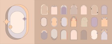 Bir dizi modaya uygun ince geometrik çerçeve. Sosyal medya hikayeleri ve paylaşımları için basit minimalist tasarım formları ve çerçeveler. Soyut Bauhaus ve Boho tarzı. Vektör evrensel şekli