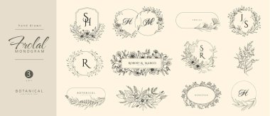 Set of wedding monogramm, botanical floral branch and frames. Botanical vintage foliage for wedding invitation, wall art or card template. Minimal line art drawing. Vector illustration