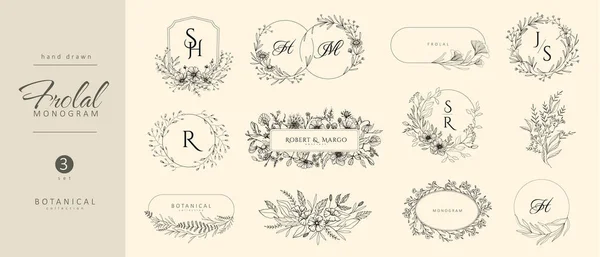 Set Wedding Monogramm Botanical Floral Branch Frames Botanical Vintage Foliage — стоковый вектор