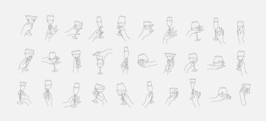 Farklı kadın el kol hareketleri koleksiyonu şarap bardağı tutar ya da kokteyl içer. Asgari doğrusal trend tarzı. Restoranda ya da barda logo için kadın eli simgeleri ya da sembolleri. Vektör illüstrasyonu