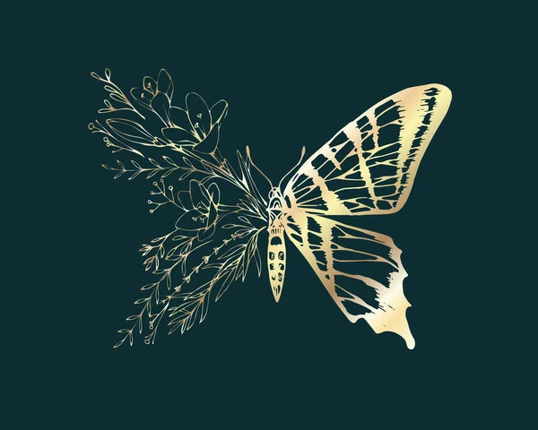 タトゥーTシャツのプリントや壁の芸術のための枝や花とゴールデンハーフ形状の蝶 手描きのウェディングハーブ 植物素朴な流行の緑 ベクターイラスト — ストックベクタ