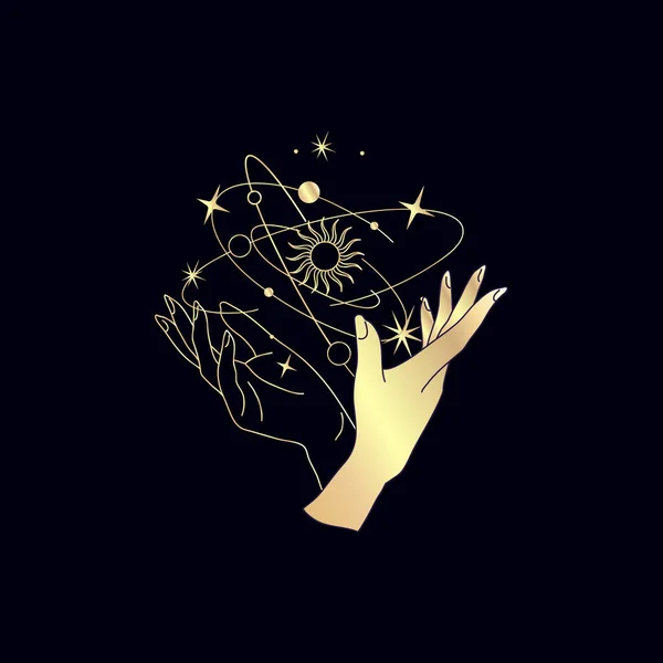 Golden Spiritual Magic Logo Oder Talisman Mit Frauenhänden Silhouettenstil Mit — Stockvektor