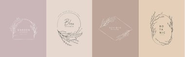 Bir dizi kadınsı botanik çiçek çerçevesi ya da logosu. El yapımı düğün otları, zarif yapraklı ev bitkileri. Botanik kırsal trend yeşillik vektör çizimi