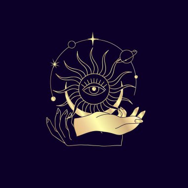 Altın Ruhani sihirli logo ya da kadın eli siluet şeklinde yıldızlı tılsım, kutsal geometri ayı ve güneş. Simyacı mistik bir obje logo kalıbı. Vektör İllüstrasyonu