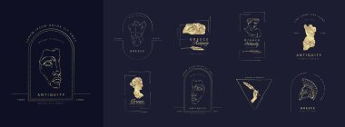 Antika heykelleri olan bir logo seti. Kart posteri ya da basım için klasik heykel içeren vektör illüstrasyonu. Çağdaş el çizimi, çizgi tasarım tarzında mitolojik koleksiyon. Vektör illüstrasyonu