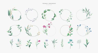 Çiçekli suluboya dalları ve çelenk kenarlarında minimalist çiçekler. El yapımı düğün otları, davetiye için zarif yapraklar. Randevu kartını sakla. Botanik kırsal trend yeşillik vektörü