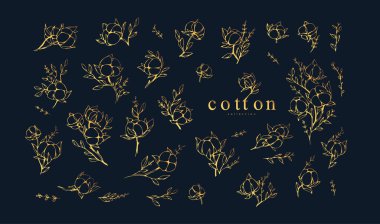 Pamuk fabrikası logosu ve dalı. El yapımı düğün otları, davetiye için zarif yapraklar. Randevu kartını sakla. Botanik kırsal trend yeşillik vektör koleksiyonu