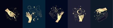 Altın Ruhani sihirli logo ya da kadın eli siluet şeklinde yıldızlı tılsım, kutsal geometri ayı ve güneş. Simyacı mistik bir obje logo kalıbı. Vektör İllüstrasyonu