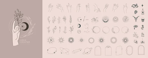 Logó Tervező Különböző Keretekkel Virágos Elemekkel Kézmozdulatokkal Varázslatos Tárgyak Egy — Stock Vector