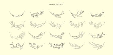 Çiçek dalı seti ve çelenk sınırlarında minimalist çiçekler. El yapımı düğün otları, davetiye için zarif yapraklar. Randevu kartını sakla. Botanik kırsal trend yeşillik vektörü