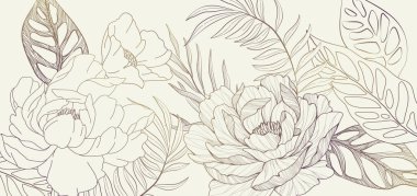 Botanical line bakground with peonies flowers and leaves. Floral foliage for wedding invitation, wall art or card template. Vector illustration. Luxury rustic trendy art