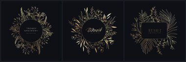 Altın çerçeveler, monogram ve logo seti, botanik çiçek dalı. Düğün davetiyesi, duvar resmi ya da kart şablonu için botanik yaprağı. Asgari çizgi çizimi. Vektör illüstrasyonu