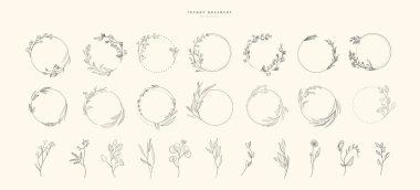 Set of floral design elements. Wreath borders branch and minimalist flowers. Hand drawn line wedding herb, elegant leaves for invitation save the date card. Botanical rustic trendy greenery vector
