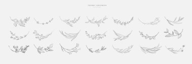 Çiçek dalı seti ve çelenk sınırlarında minimalist çiçekler. El yapımı düğün otları, davetiye için zarif yapraklar. Randevu kartını sakla. Botanik kırsal trend yeşillik vektörü