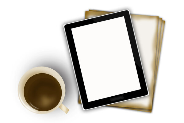 Digital tablet and coffee cup