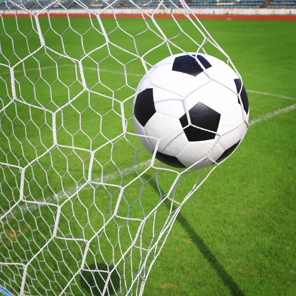 Soccer ball in goal with green grass — Stock Photo, Image