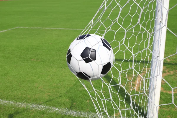 Soccer ball in goal with green grass — Stock Photo, Image