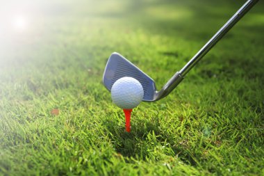 Golf sopası ve top çimenlerde.