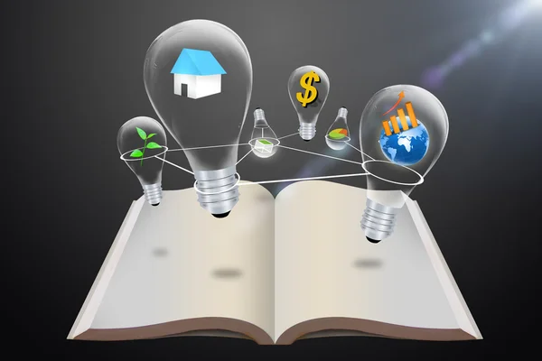 Bulb idea over an open book — Stock Photo, Image