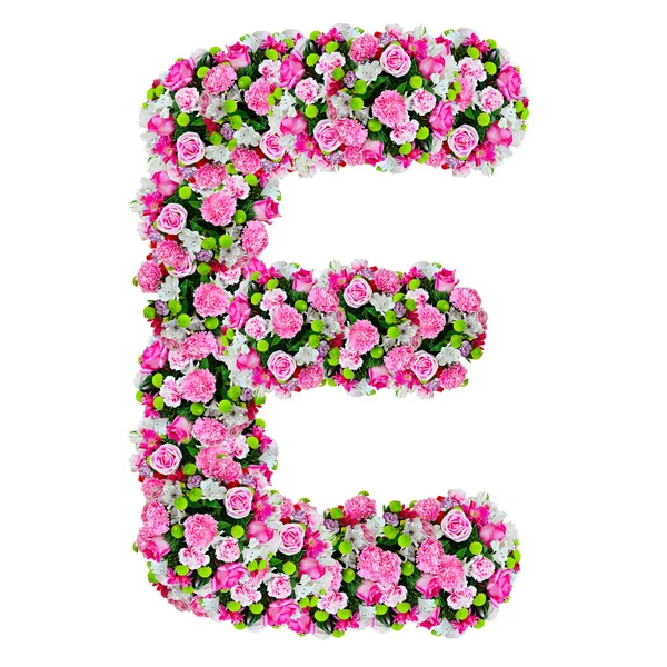 E, alfabet de flori izolat pe alb cu cale de tăiere — Fotografie, imagine de stoc