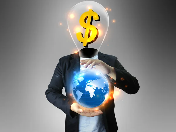 Dollarman holding a glowing, connected — Stock Photo, Image