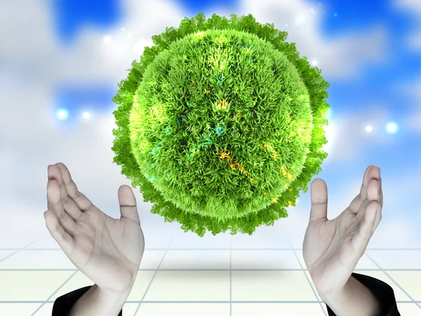 Hands holding green planet — Stock Photo, Image