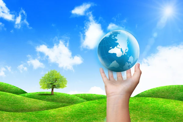Global in der Hand und grünes Gras mit blauem Himmel — Stockfoto
