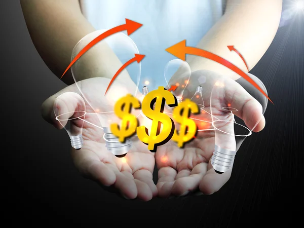 US dollar sign with light bulb in hand — Stock Photo, Image