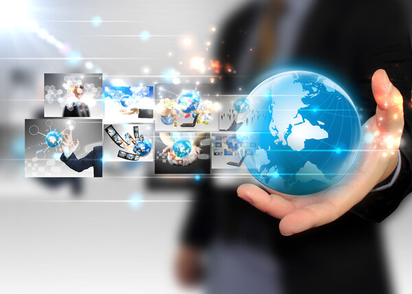 businessman holding business world 