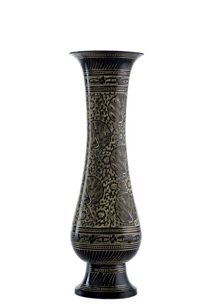 Старая бронзовая ваза ручной работы. Черная глазурь, узоры медных цветов . Лицензионные Стоковые Изображения